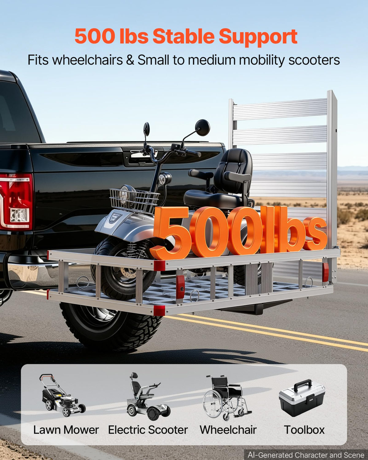 500LBS Aluminum Hitch Wheelchair Carrier with Folding Ramp K1113