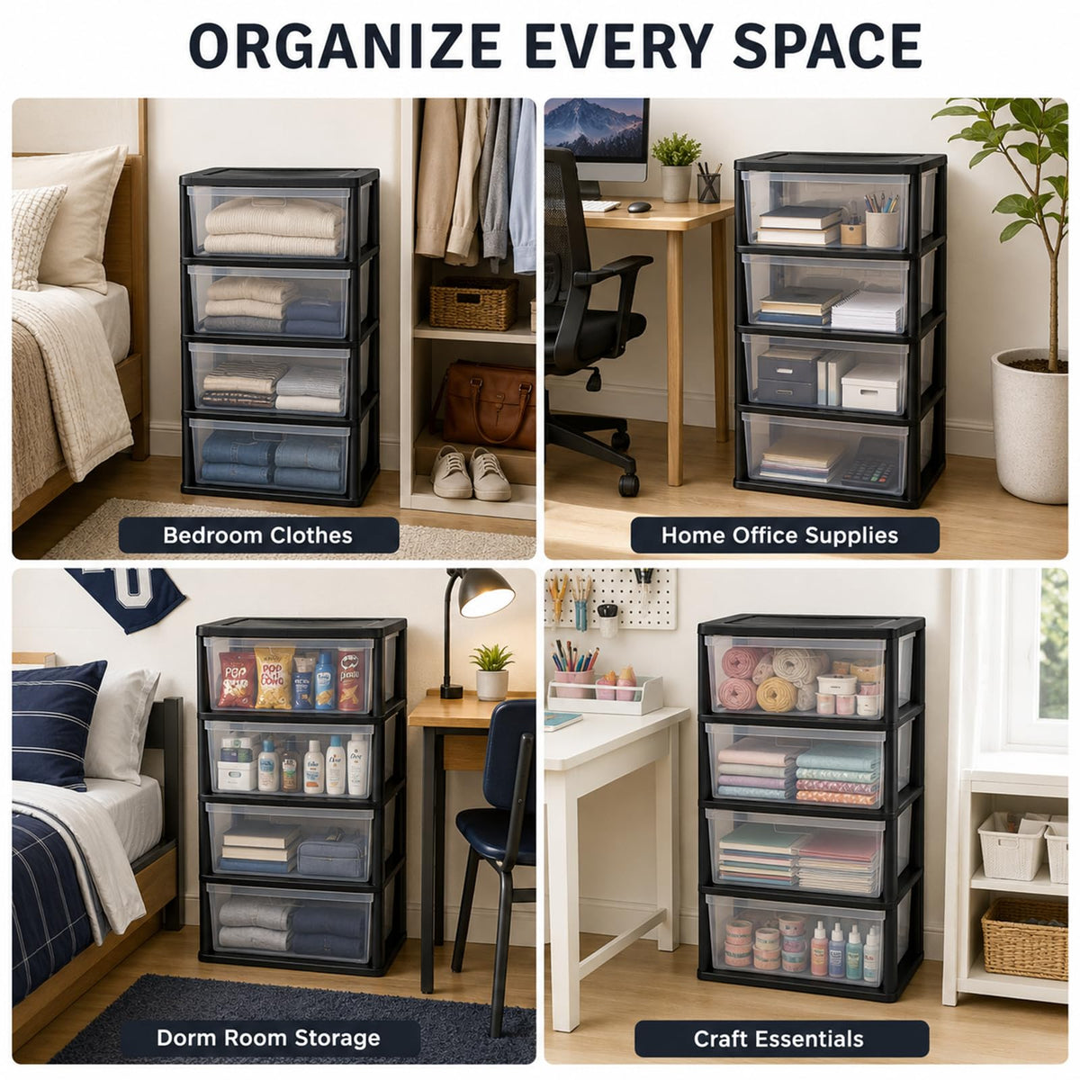 Wide 4 Drawer Plastic Storage Tower Organizer J49882