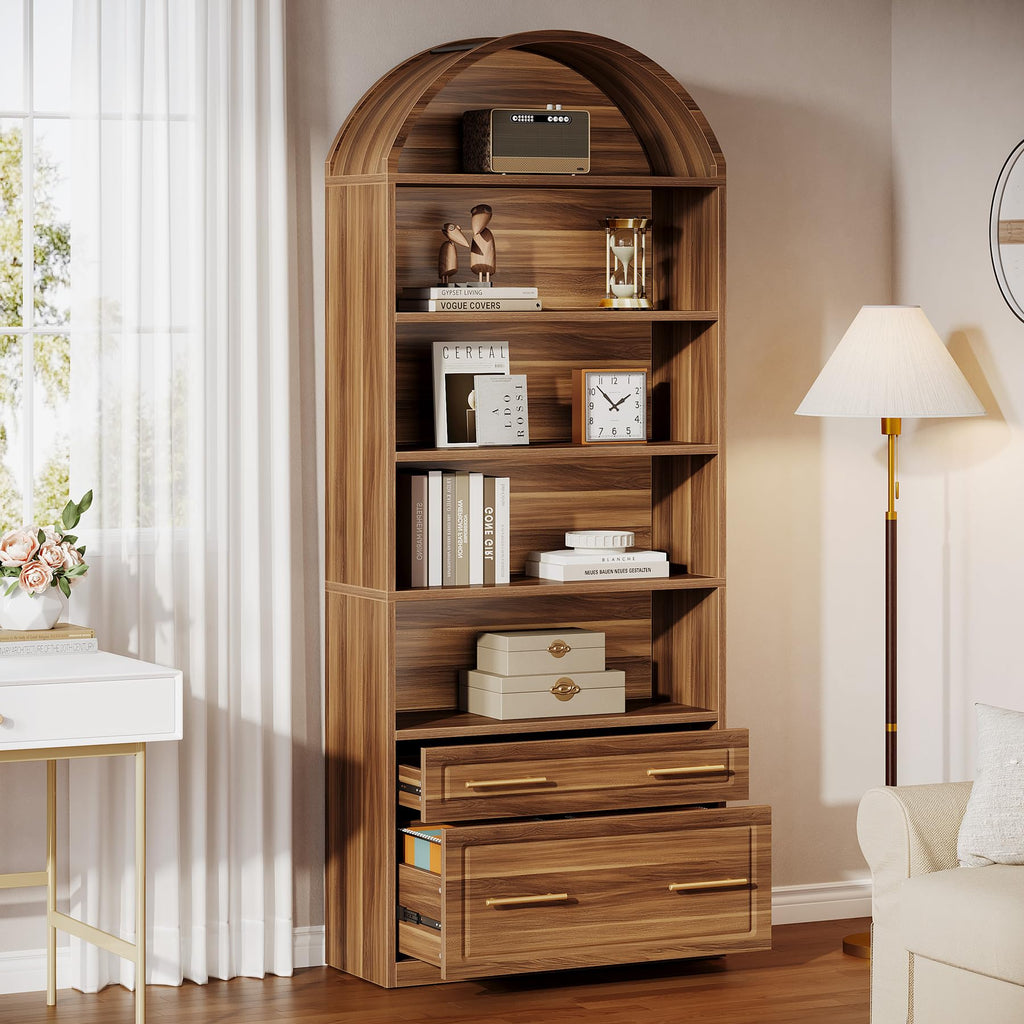76.8" Tall Arched Bookcase with File Cabinet Drawer, Walnut Brown H307523