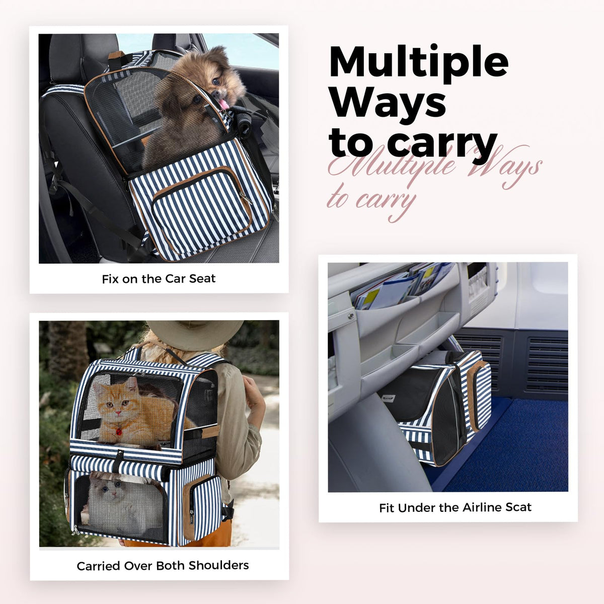Double Cat Backpack Carrier for 2 Cats Blue Striped E21913