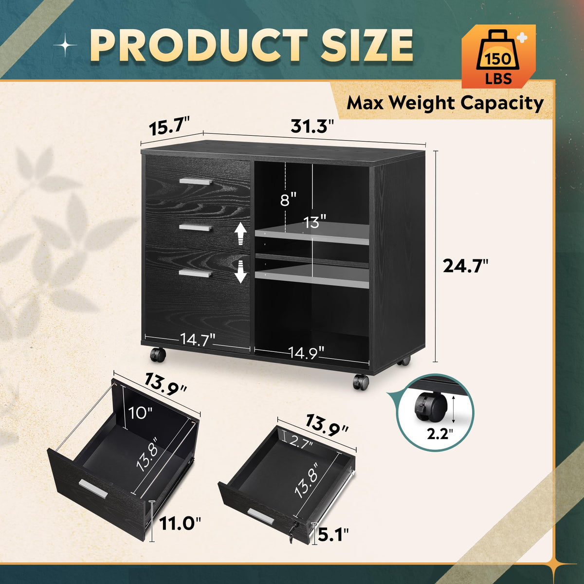 Wood 3 Drawer Black File Cabinet M969