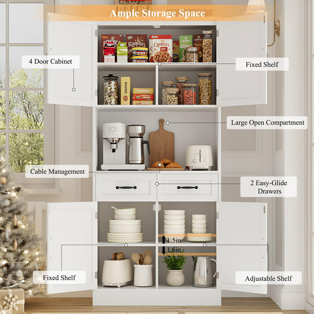 White Tall Wood Kitchen Pantry Storage Cabinet I96982