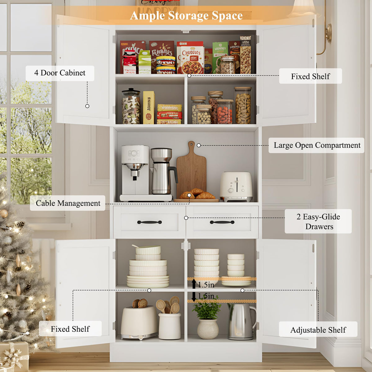 White Tall Wood Kitchen Pantry Storage Cabinet I96982