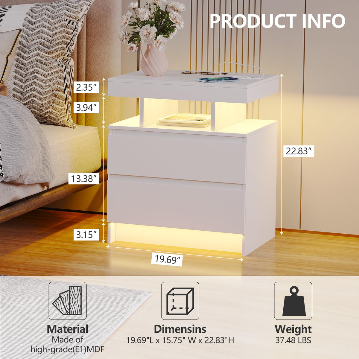 LED Nightstand with Charging Station White E21392