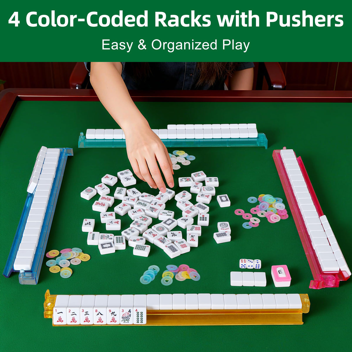 166 Tiles 4 Colors Mahjong Set with Rack Pushers Soft Bag K301