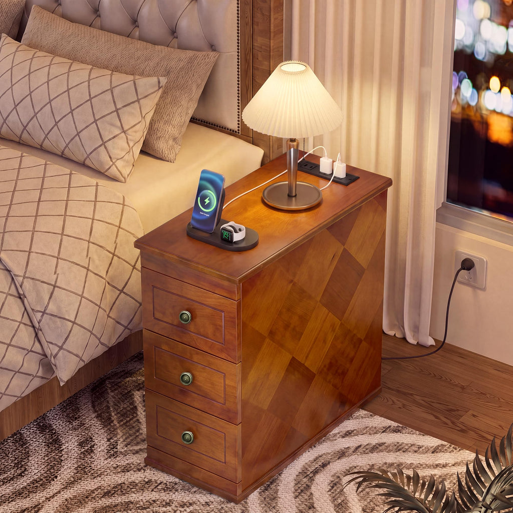 Solid Wood Narrow End Table with Charging Station Set of 2 Q719