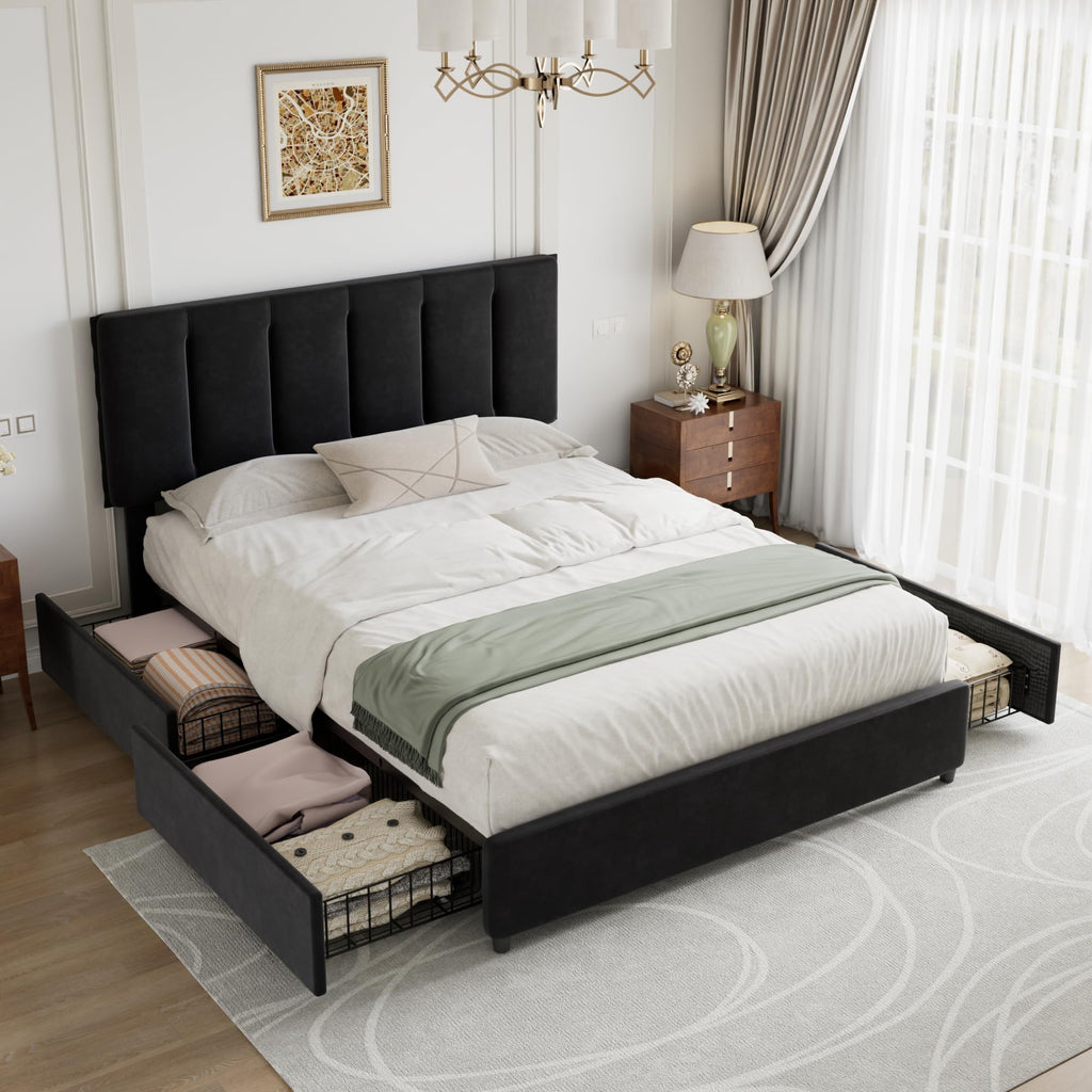 Queen Size Black Bed Frame with 4 Storage Drawers O124722