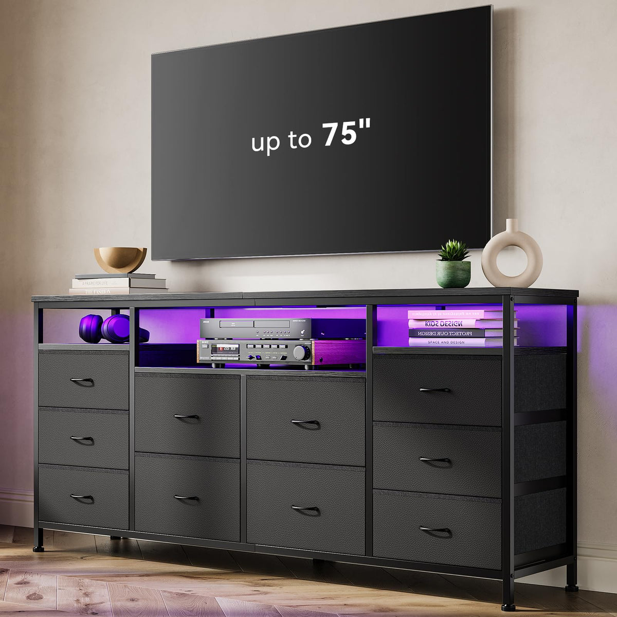 Black 10 Fabric Drawer Dresser with LED Lights & Power Outlets R9001