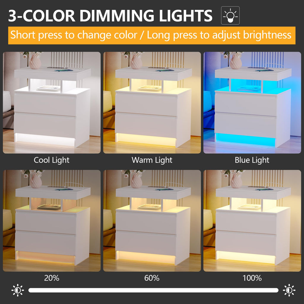 LED Nightstand with Charging Station White E21392