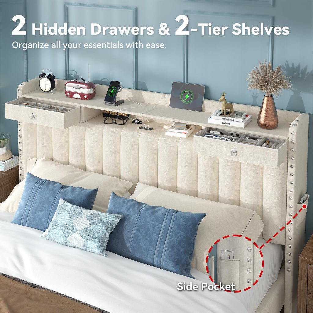 Queen Bed Frame with Storage Headboard & 4 Drawers V9951