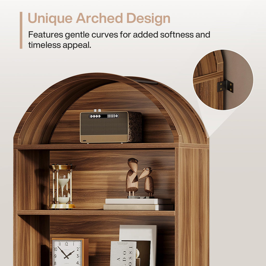 76.8" Tall Arched Bookcase with File Cabinet Drawer, Walnut Brown H307523