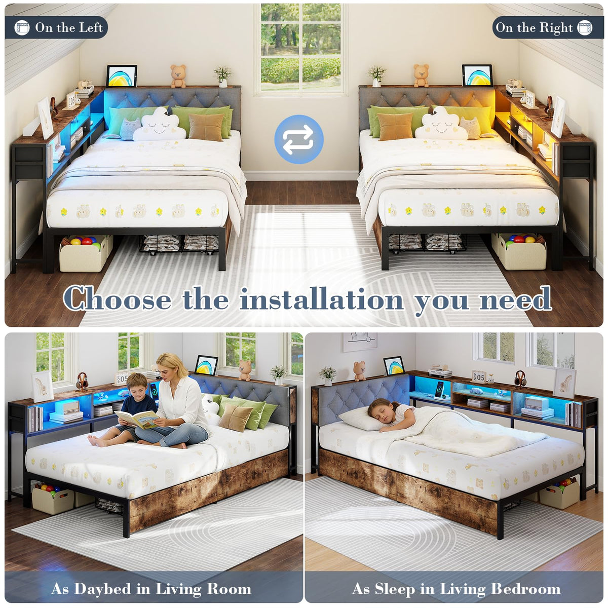 Twin Size Corner Bed Frame with Storage and Headboard V41893