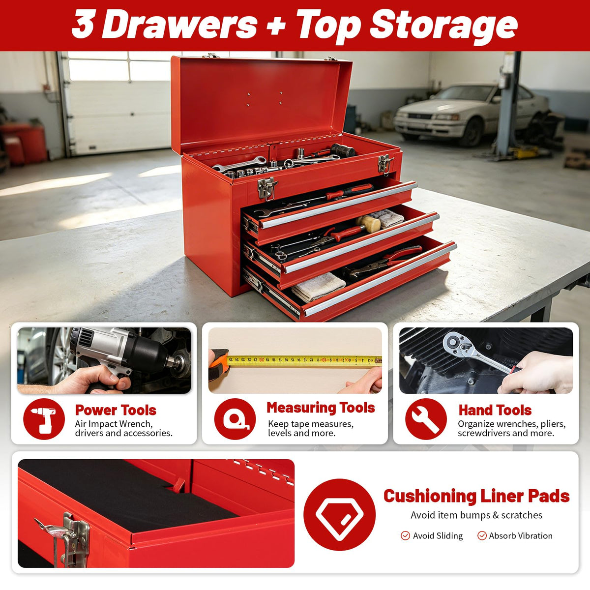 20.5-Inch Metal Tool Box with 3 Drawers H1822