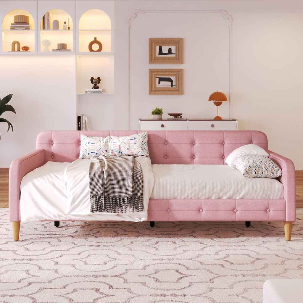 Twin Linen Upholstered Daybed Sofa Bed with Button Tufted Design H821509