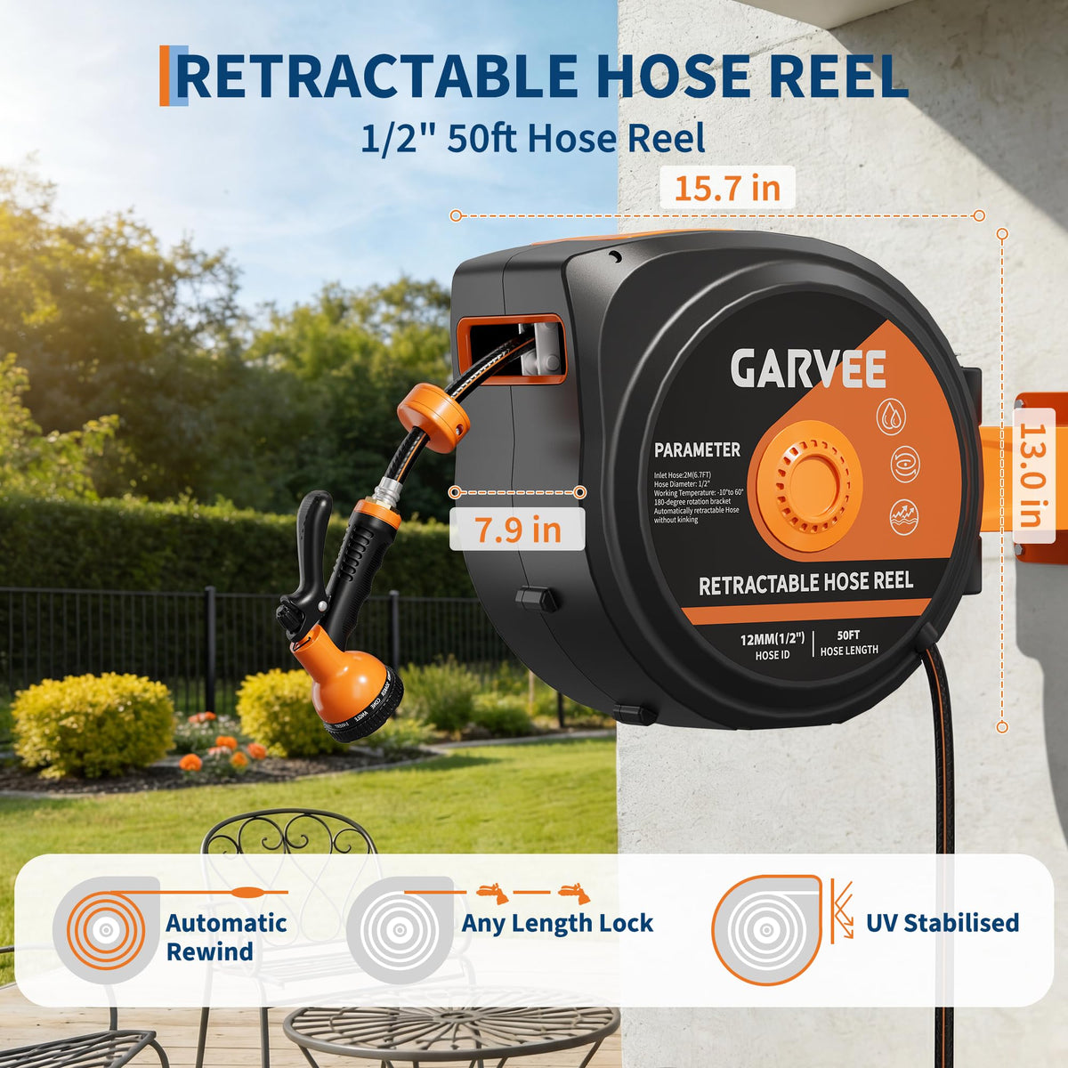 1/2 Inch x 50 ft Wall Mounted Garden Hose Reel with 10 Patterns Nozzle B94953
