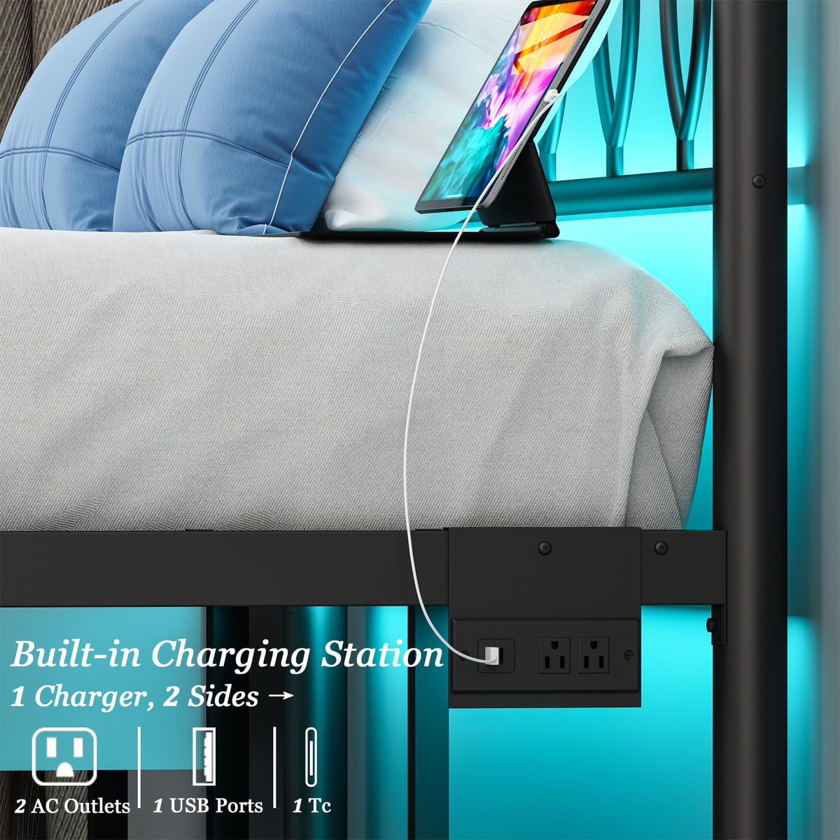 Black Metal Full Size Bed Frame with Headboard and Charging Station A95768