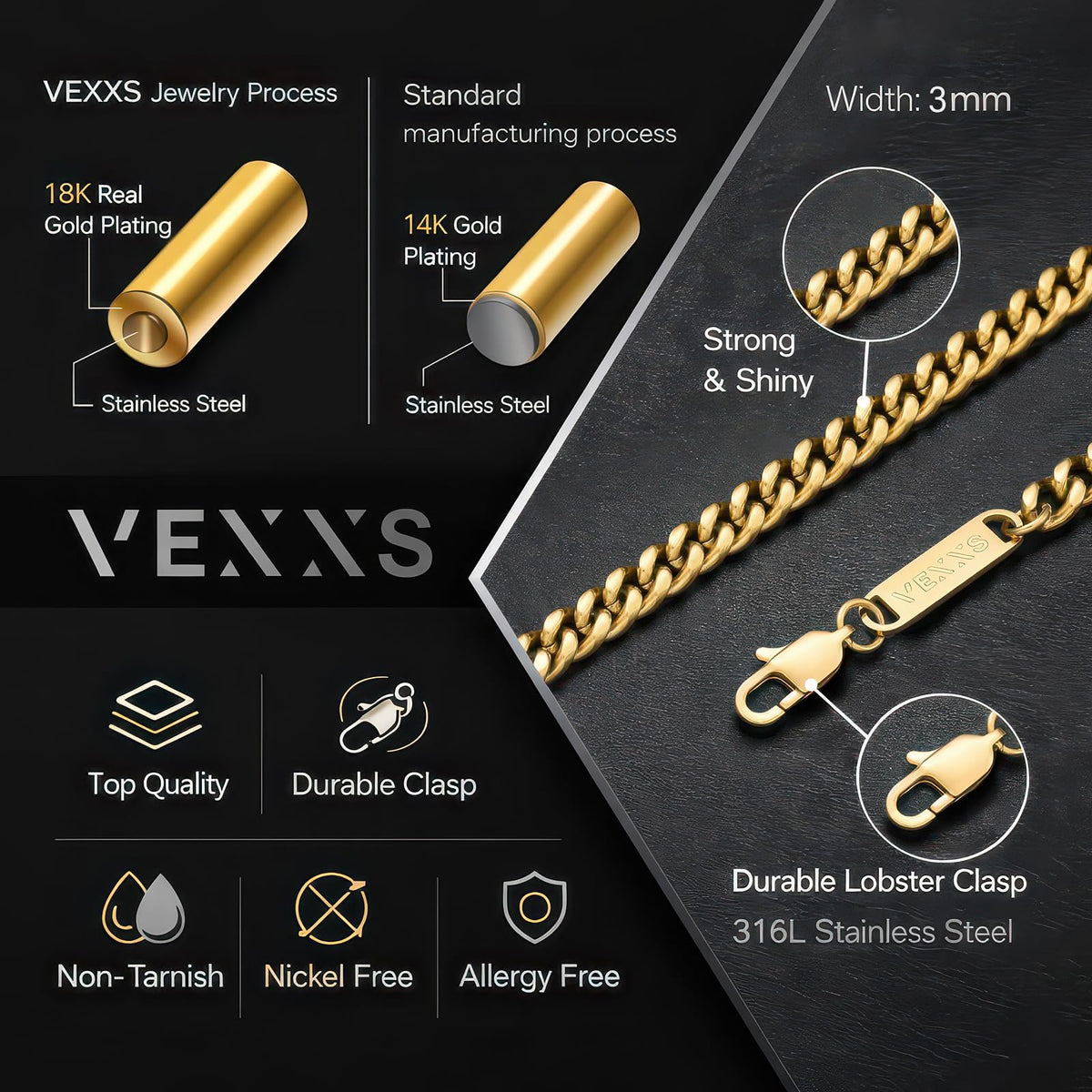 Gold Chain 18K Gold Filled Cuban Link 316L Stainless Steel Necklace E399