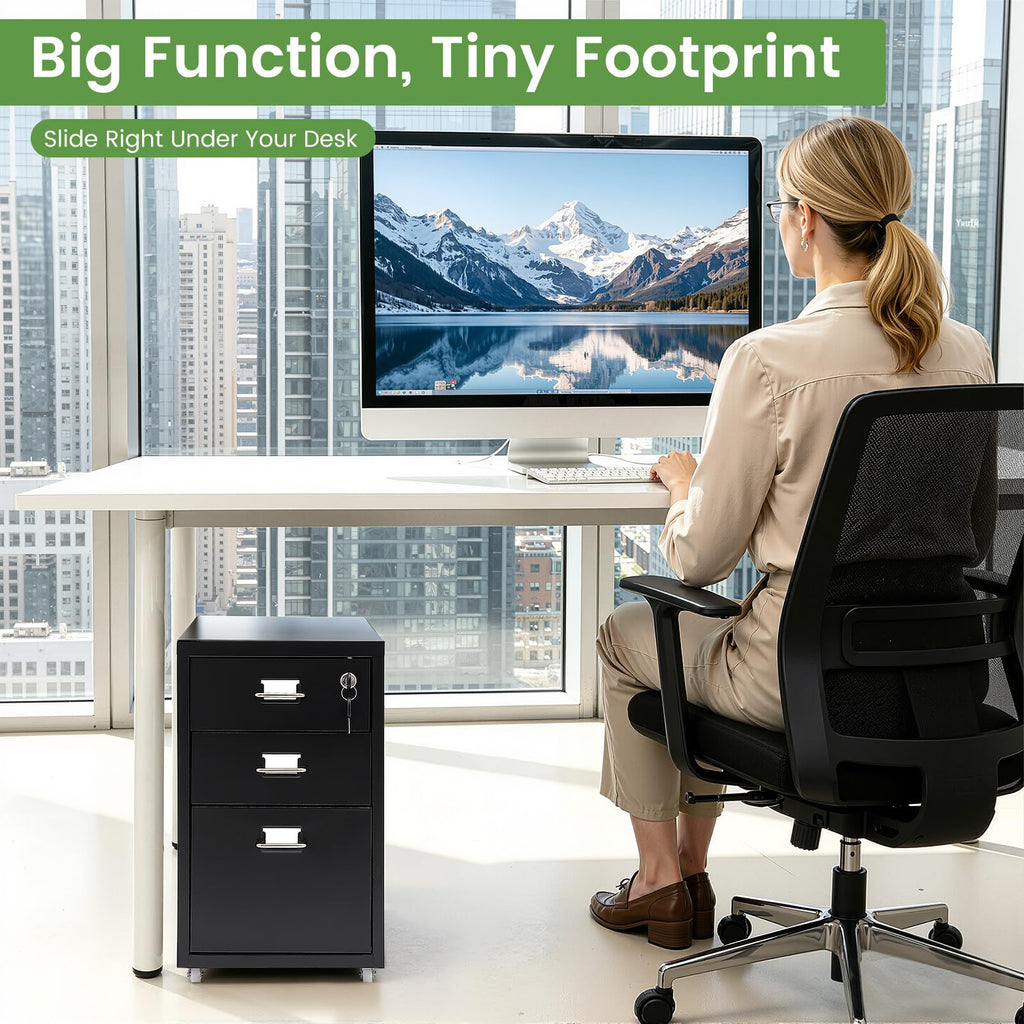 Black 3-Drawer Metal File Cabinet J597