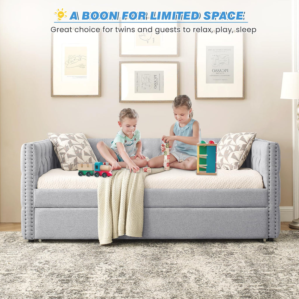 Linen Upholstered Twin Size Daybed with Trundle F850661