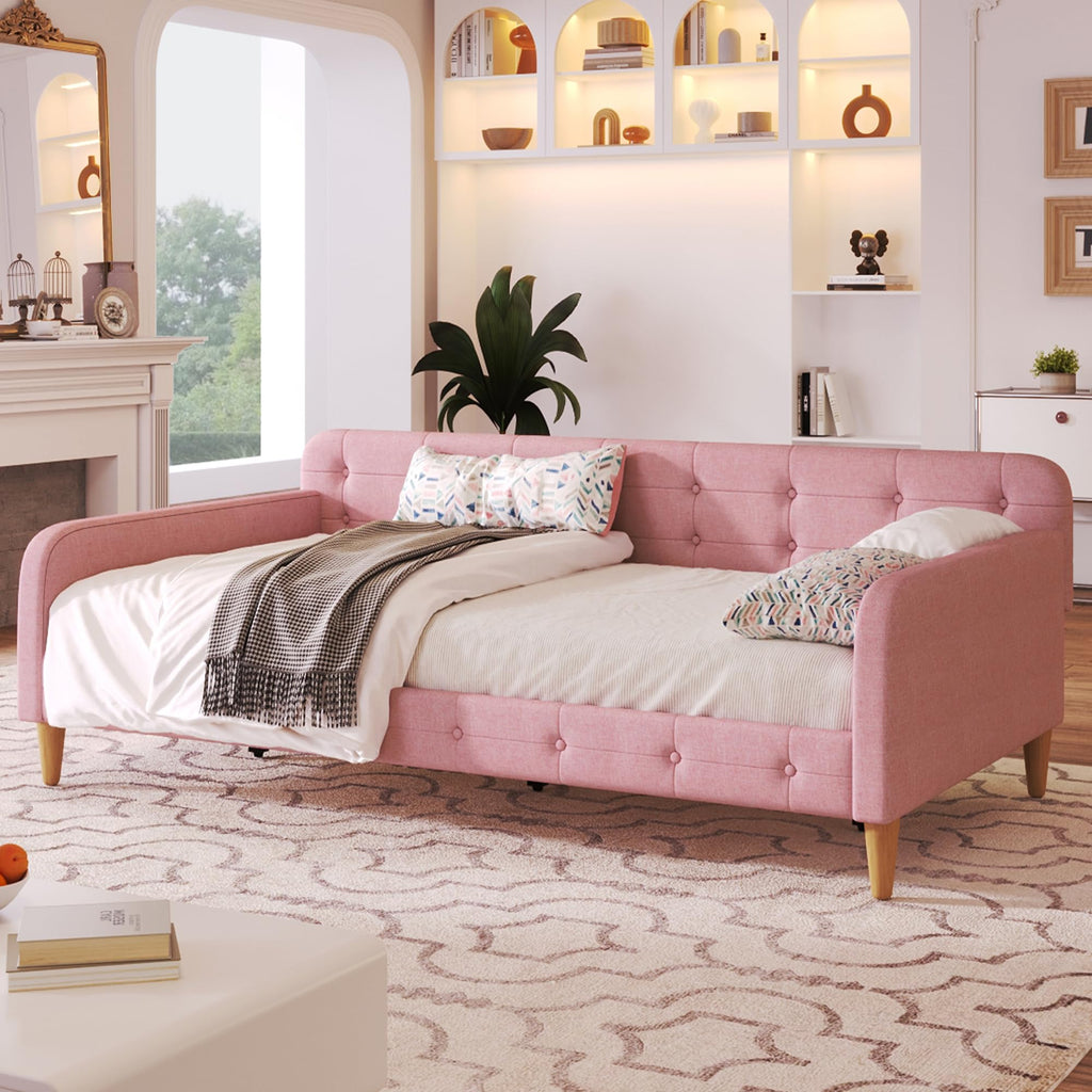 Twin Linen Upholstered Daybed Sofa Bed with Button Tufted Design H821509