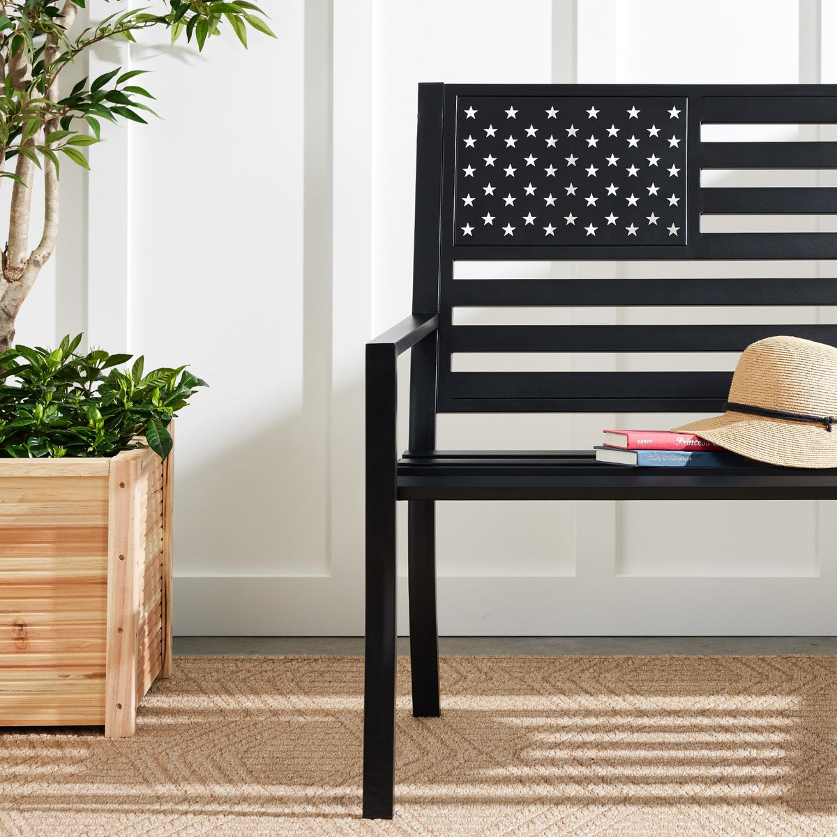 2-Person Steel Indoor/Outdoor Bench with American Flag, 790lb Capacity - Black J8872