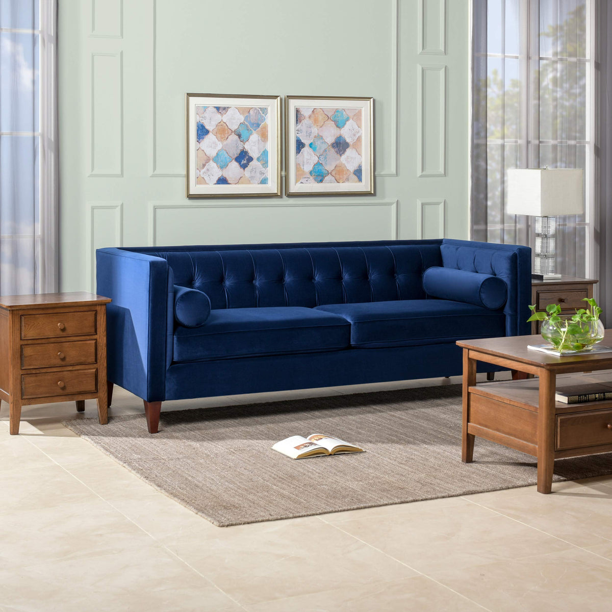 Navy Blue Velvet Tufted Sofa H2254