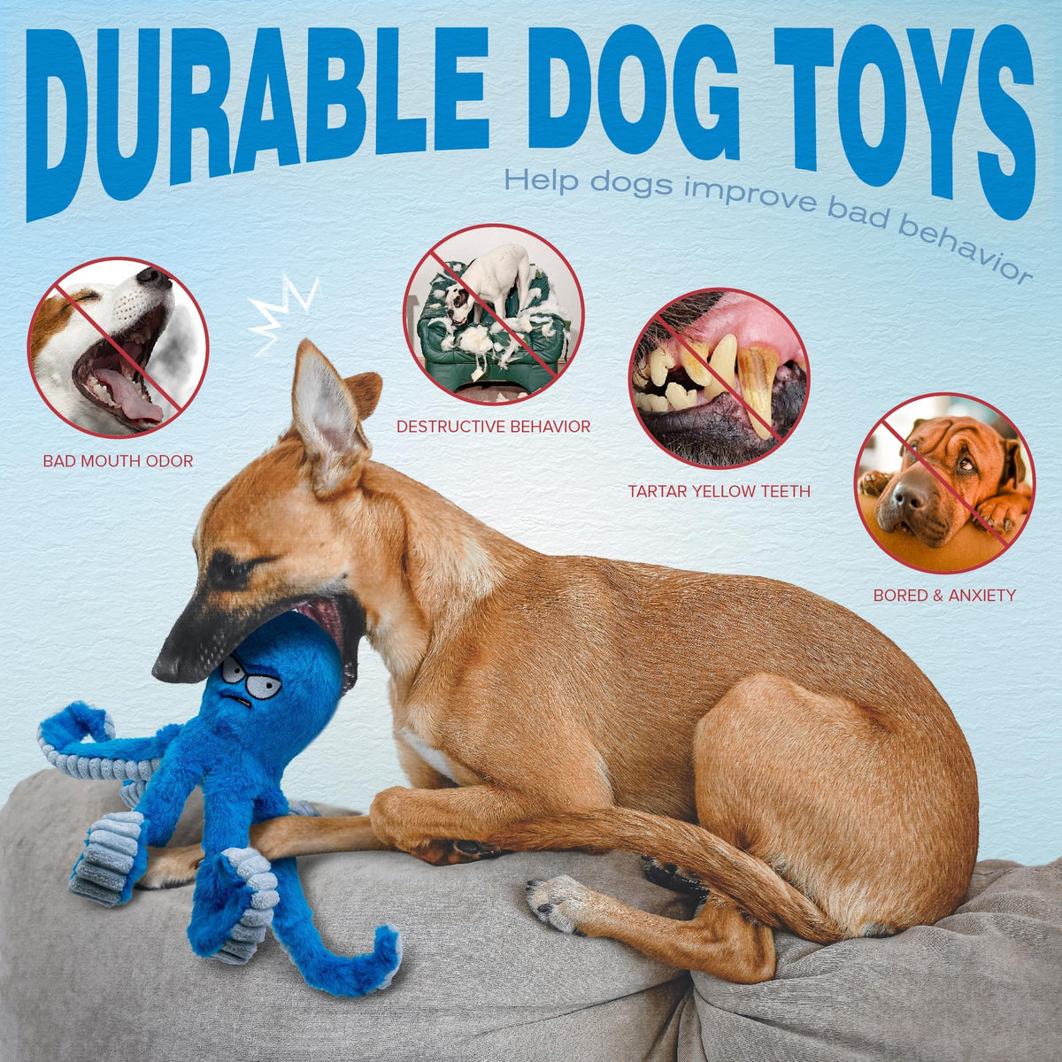 Stuffed Squeaky Crinkle Blue Octopus Dog Toy R714