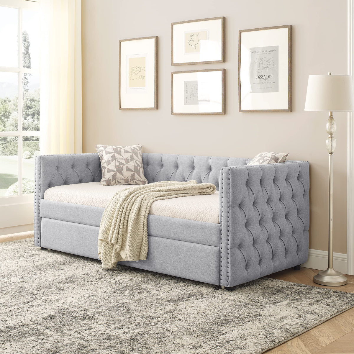 Linen Upholstered Twin Size Daybed with Trundle F850661