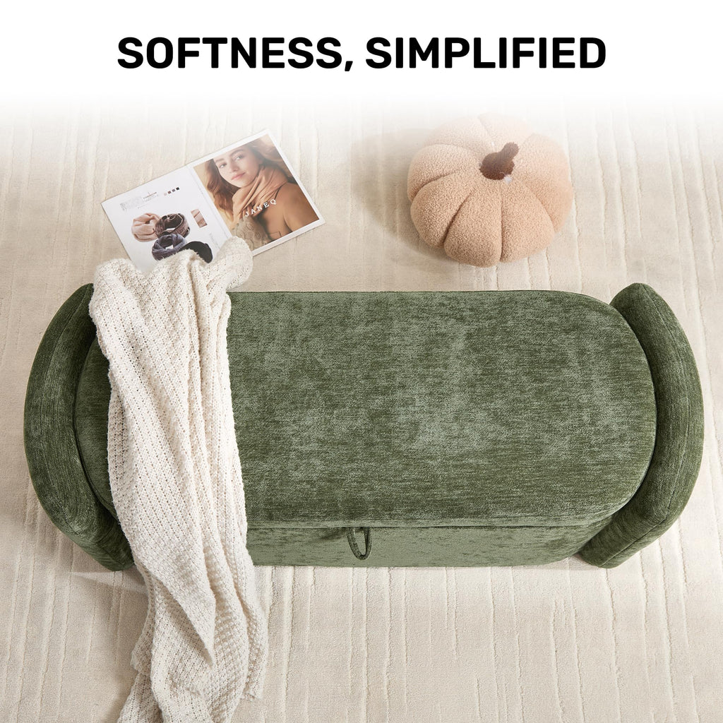 Green Chenille Upholstered Storage Ottoman Bench X569