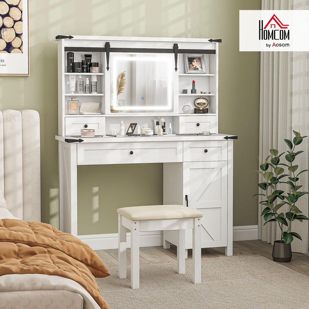White Vanity Desk with Mirror, LED Lights, Stool A81379