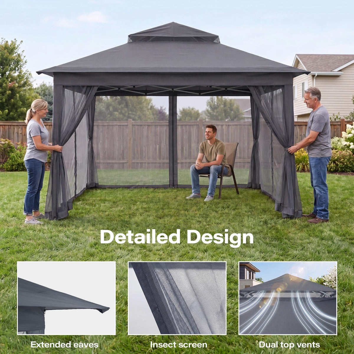 11x11 Pop Up Gazebo Canopy Tent with Mosquito Netting, Adjustable Height, Gray F829