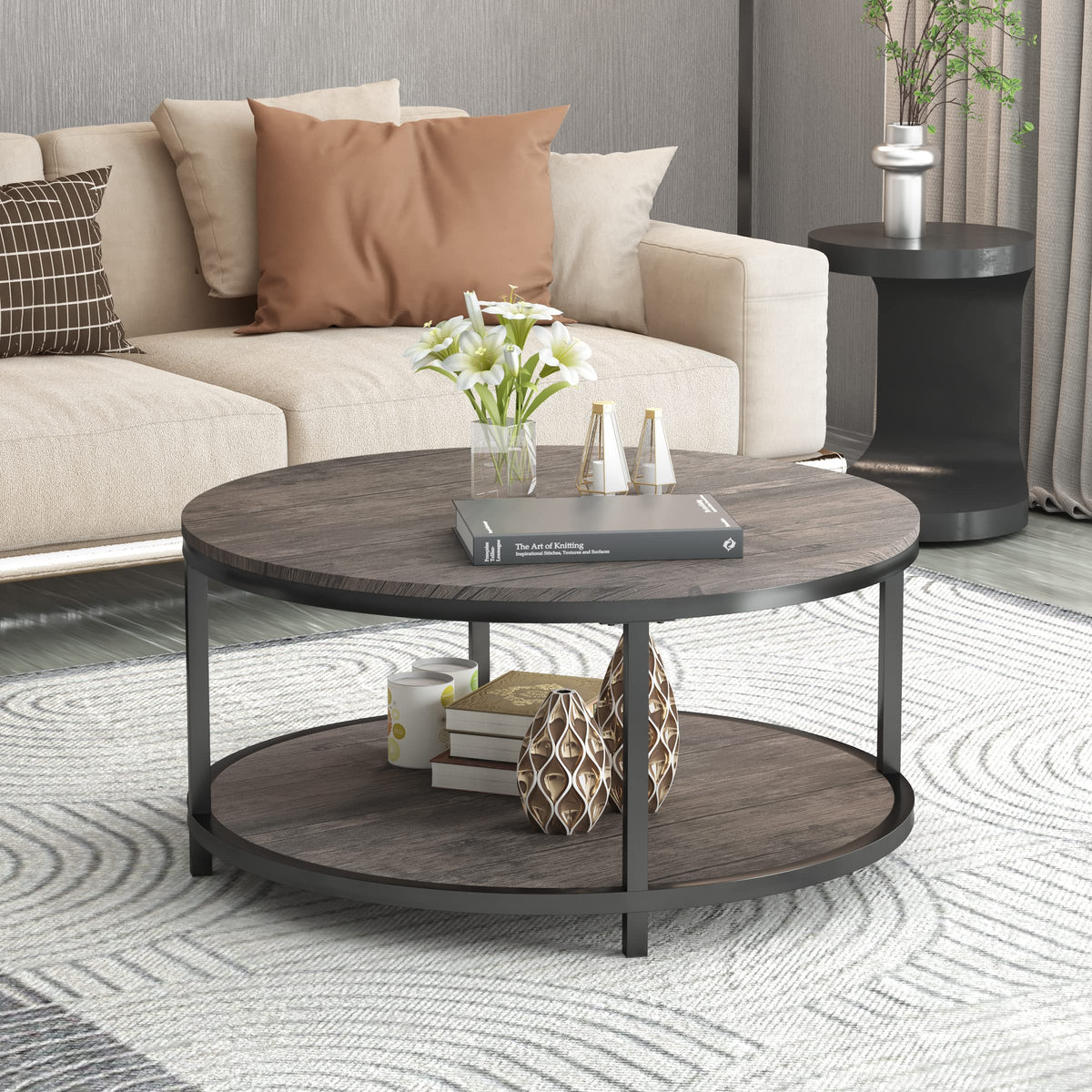 Round 2-Tier Wood Coffee Table with Storage Shelf G119