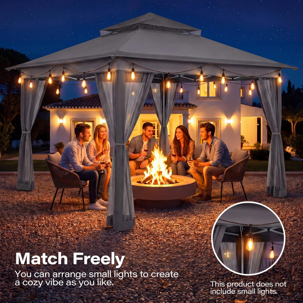 11x11 Pop Up Gazebo Canopy Tent with Mosquito Netting, Adjustable Height, Gray F829