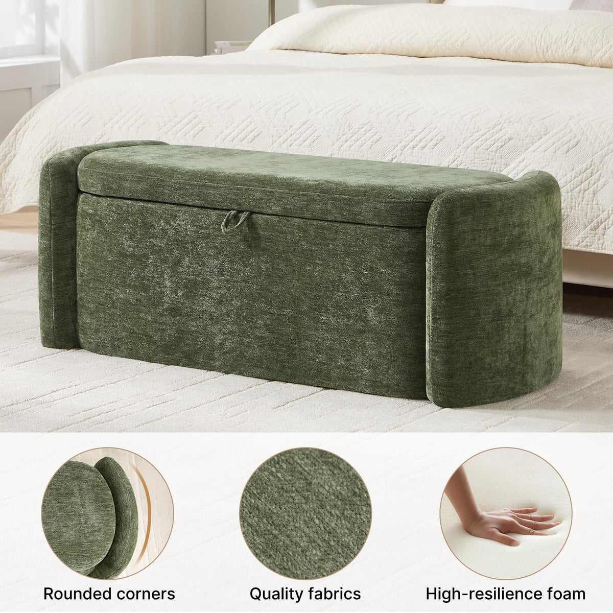 Green Chenille Upholstered Storage Ottoman Bench X569