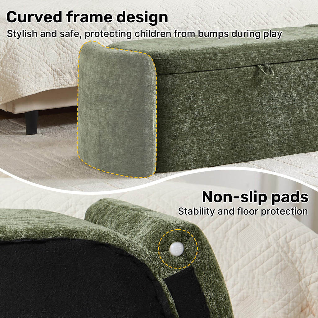 Green Chenille Upholstered Storage Ottoman Bench X569
