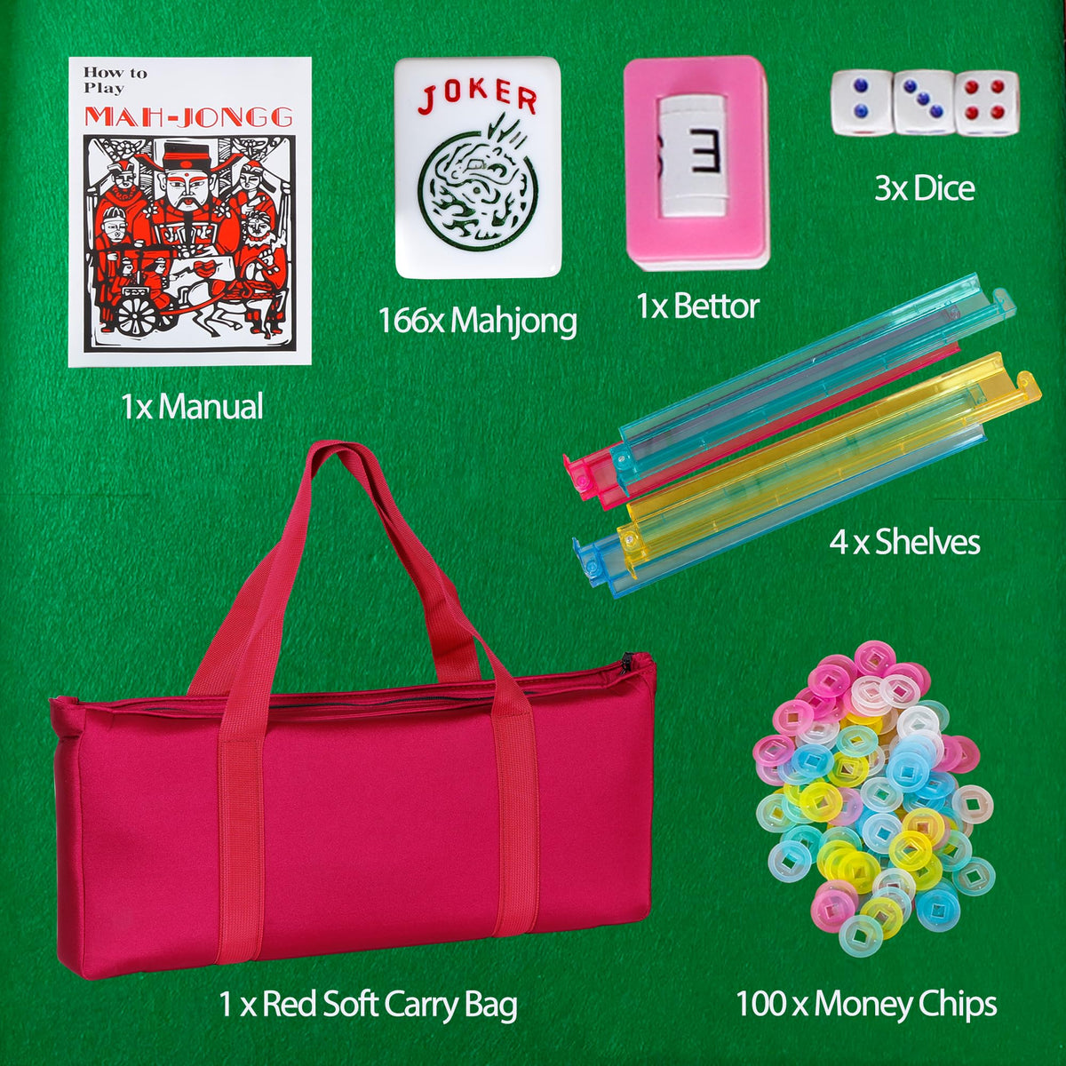 166 Tiles 4 Colors Mahjong Set with Rack Pushers Soft Bag K301