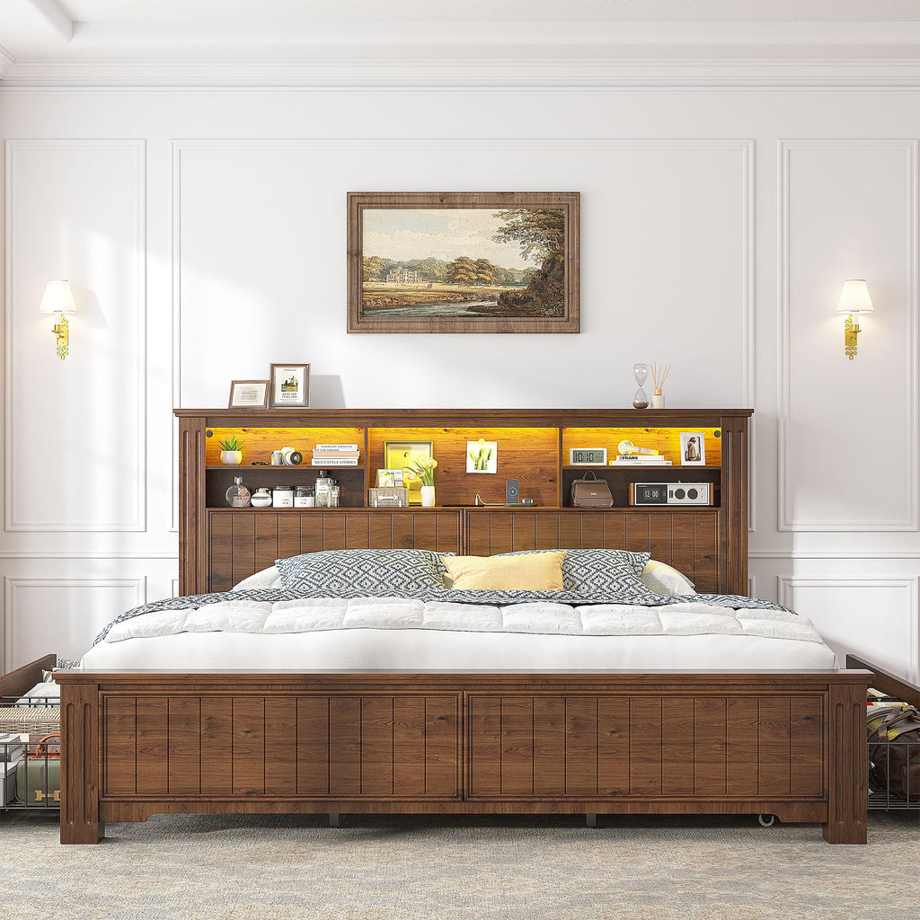 King Bed Frame with 4 Storage Drawers and Headboard Shelf, Brown C94323