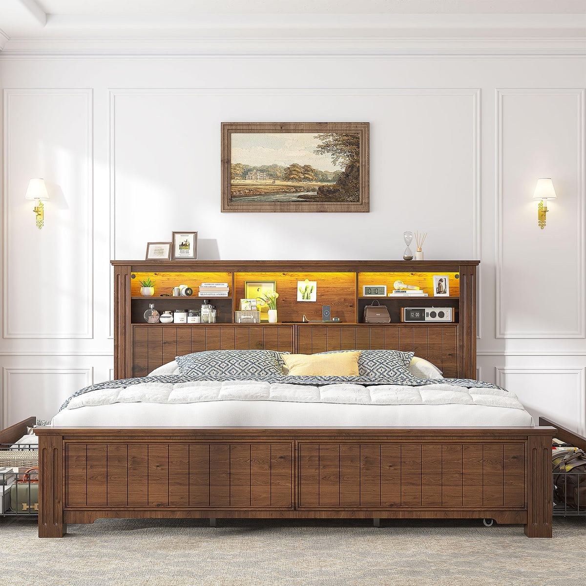 King Bed Frame with 4 Storage Drawers and Headboard Shelf, Brown C94323