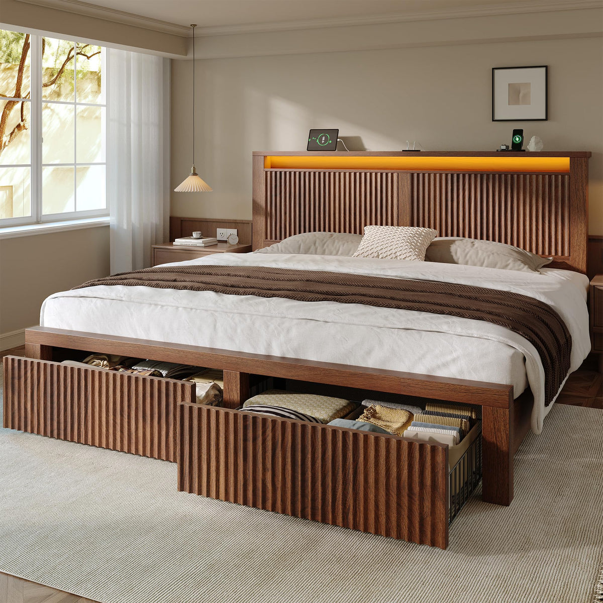 King Bed Frame with 2 Drawers and Storage Headboard J80684