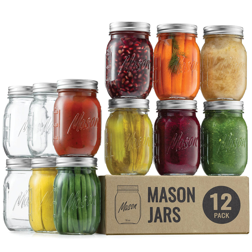 16 oz 12-Pack Regular Mouth Glass Jars with Lid & Seal Bands J9943