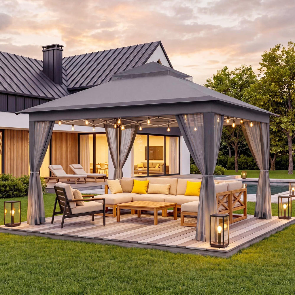 11x11 Pop Up Gazebo Canopy Tent with Mosquito Netting, Adjustable Height, Gray F829