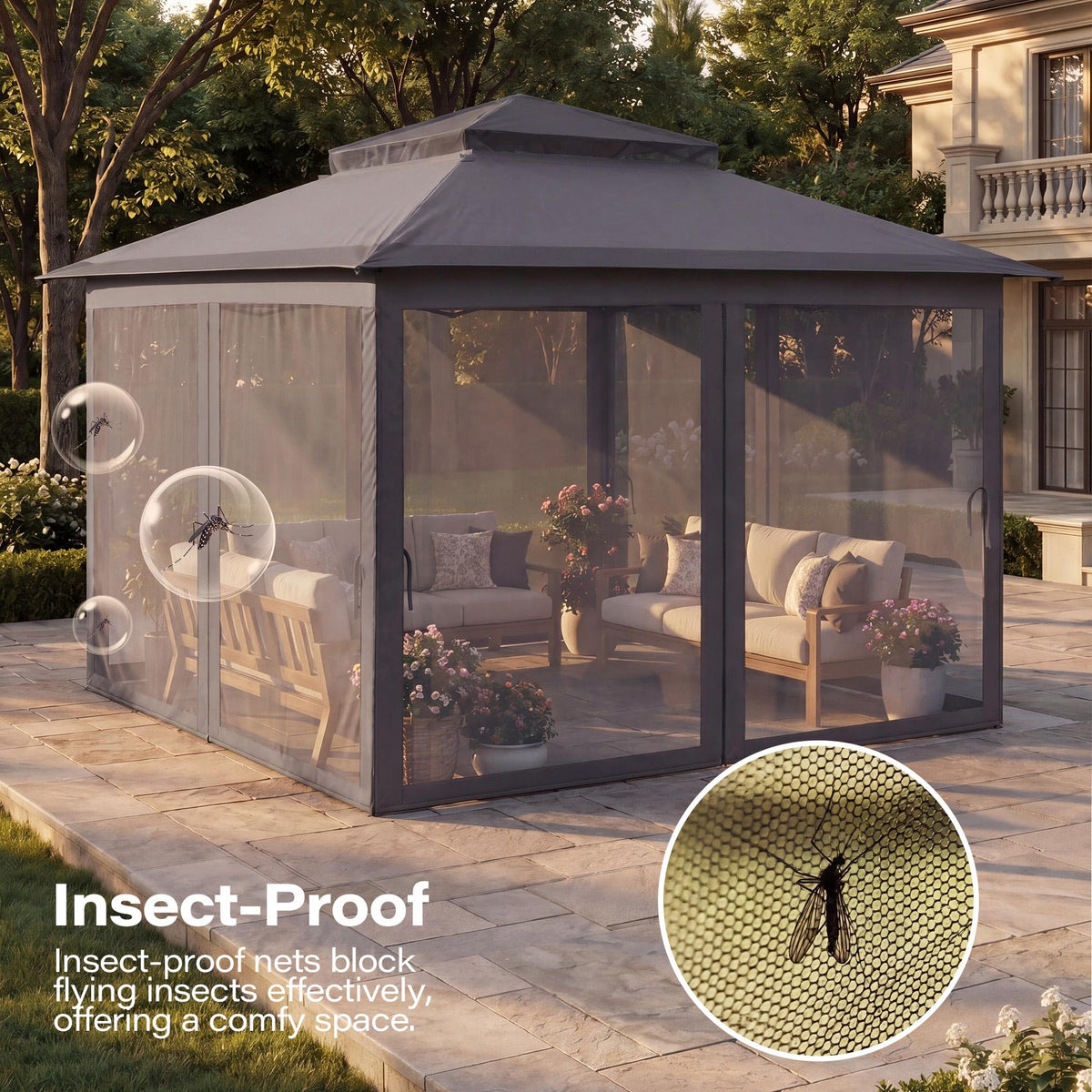11x11 Pop Up Gazebo Canopy Tent with Mosquito Netting, Adjustable Height, Gray F829