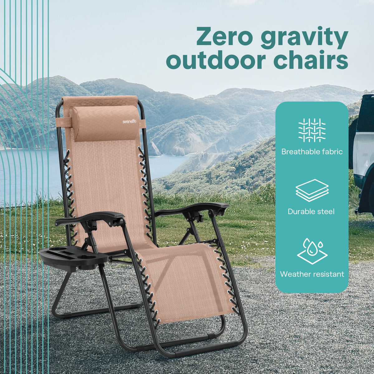 Adjustable Steel Mesh Zero Gravity Chairs Set of 2 with Cup Holder Tray O529