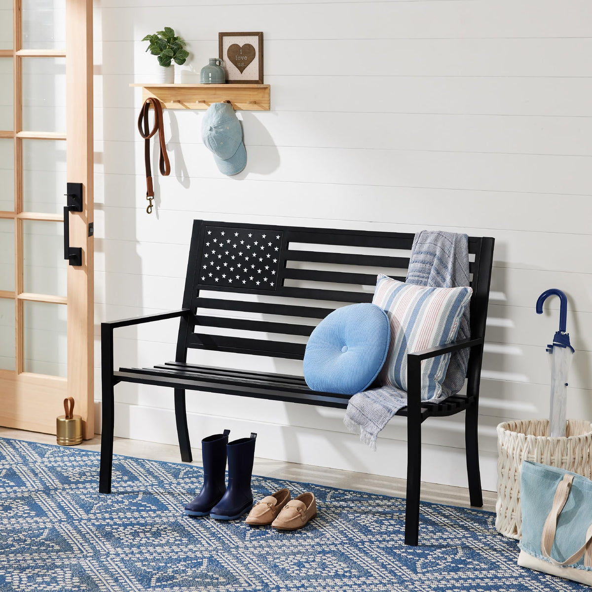 2-Person Steel Indoor/Outdoor Bench with American Flag, 790lb Capacity - Black J8872