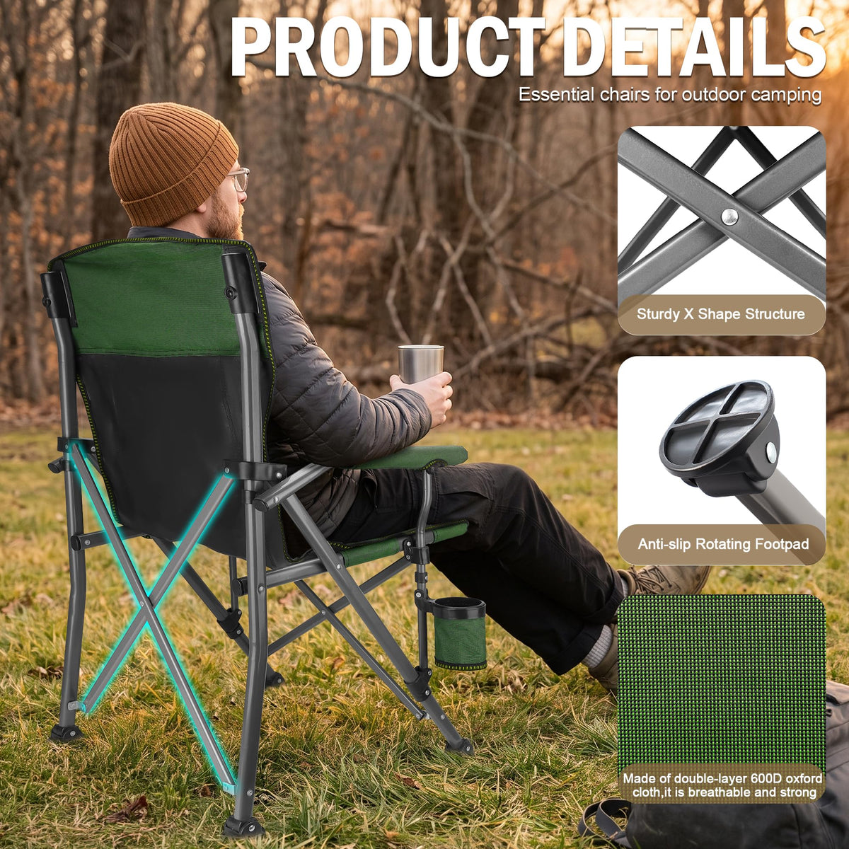 2 Pack Green Folding Camping Chair with Cup Holder and Storage Bag V923005