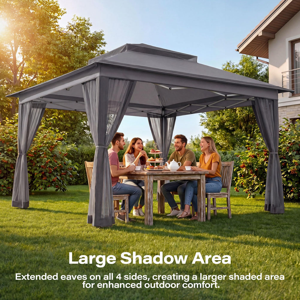 11x11 Pop Up Gazebo Canopy Tent with Mosquito Netting, Adjustable Height, Gray F829