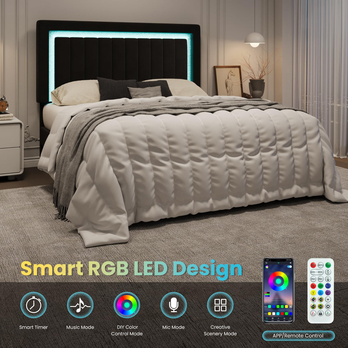 Queen Size Black Velvet Bed Frame with LED Light F66113