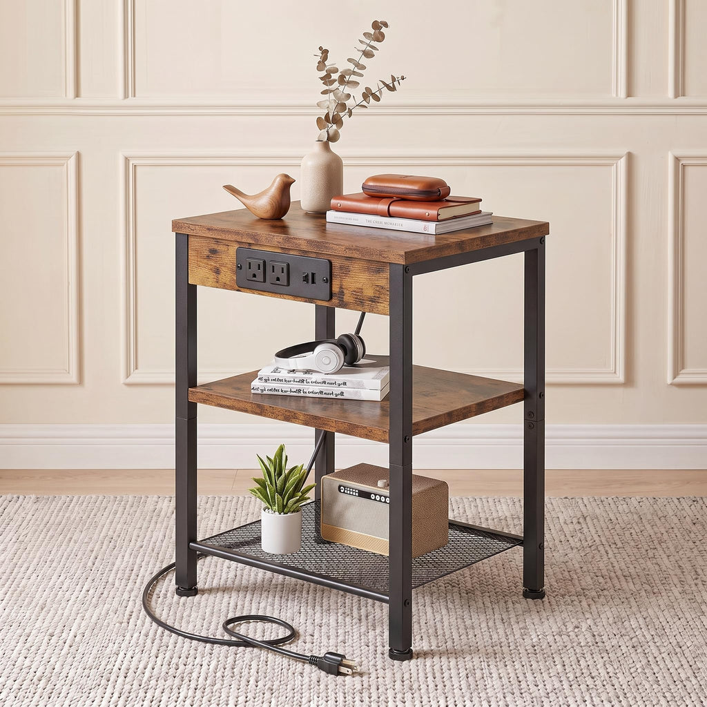 Nightstand with Charging Station, 3-Tier Bedside Table H683
