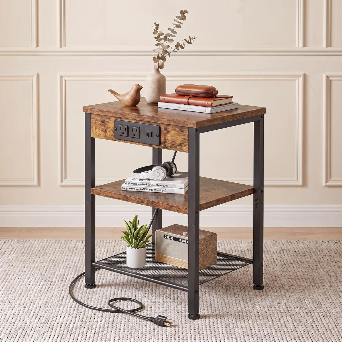 Nightstand with Charging Station, 3-Tier Bedside Table H683