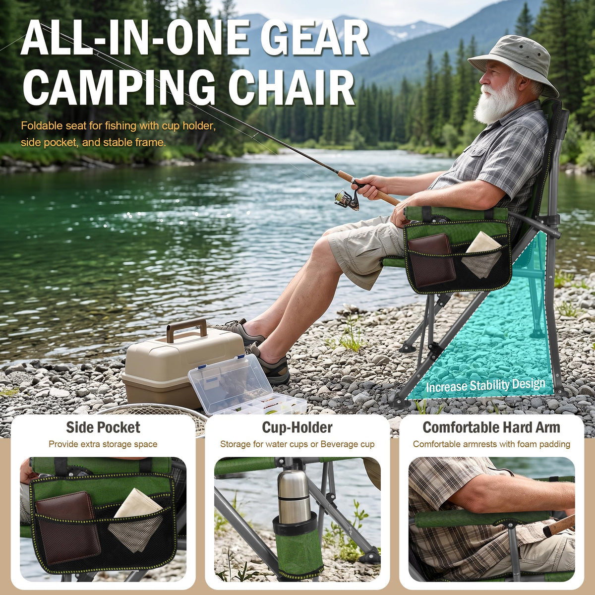 2 Pack Green Folding Camping Chair with Cup Holder and Storage Bag V923005